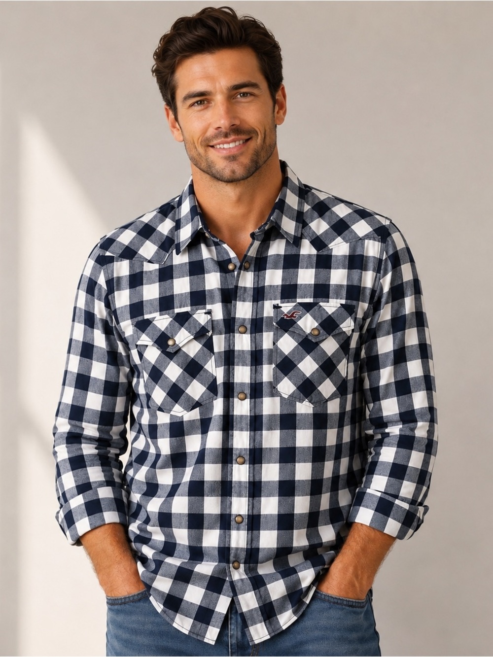 Hollister Men’s Plaid Western Shirt Large Blue White Snap Button 100% Cotton